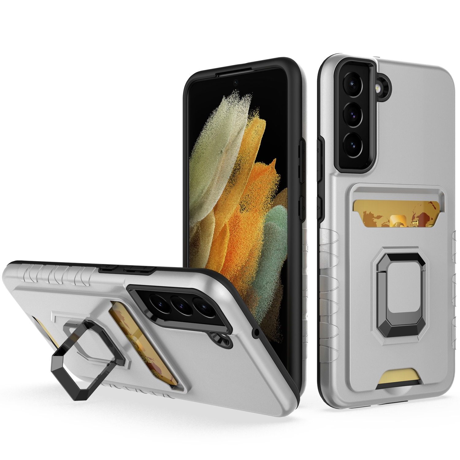 For Samsung Galaxy S22 5G Card Shield Magnetic Holder Phone Case(Silver) For Samsung Galaxy S22 5G Card Shield Magnetic Holder Phone Case(Silver)