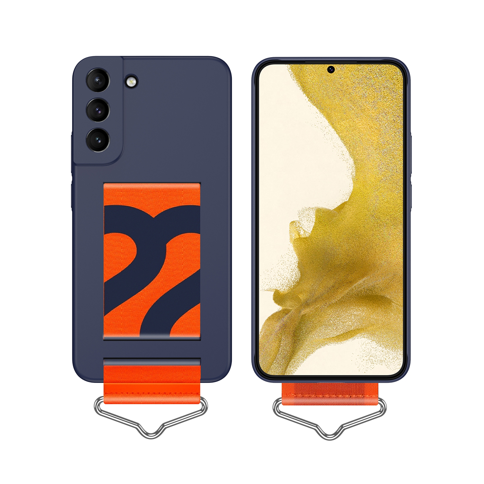 For Samsung Galaxy S22+ 5G Slim Wrist Strap Bracket PC Phone Case(Dark Blue+Orange Strap) For Samsung Galaxy S22+ 5G Slim Wrist Strap Bracket PC Phone Case(Dark Blue+Orange Strap)
