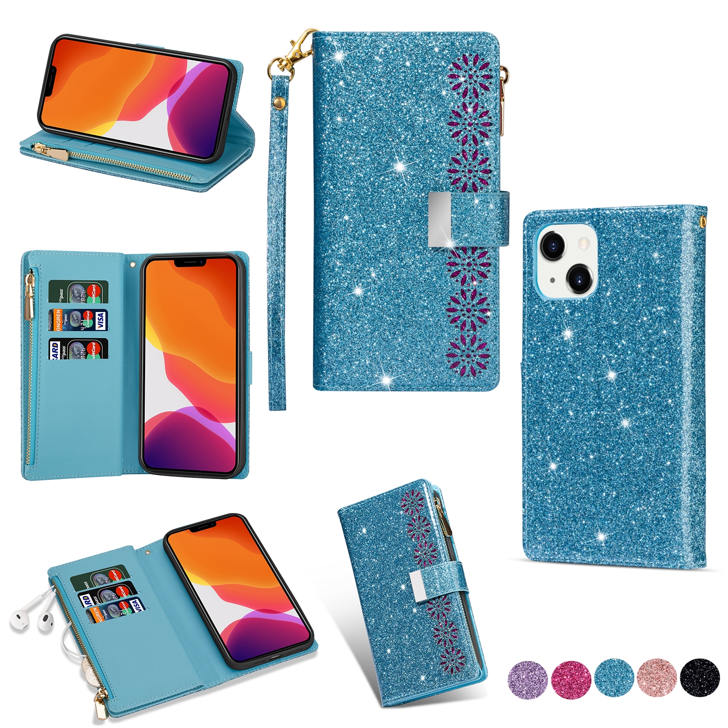 For iPhone 14 Multi-card Slots Laser Carving Glitter Zipper Leather Case Max(Sky Blue) For iPhone 14 Multi-card Slots Laser Carving Glitter Zipper Leather Case Max(Sky Blue)