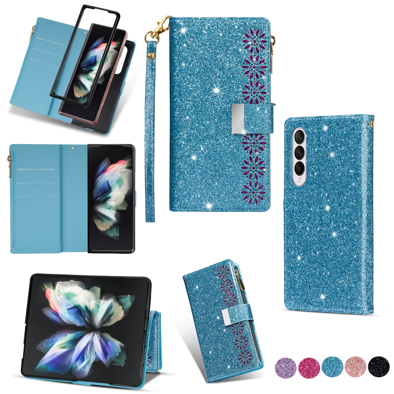 For Samsung Galaxy Z Fold 4 Multi-card Slots Laser Carving Glitter Zipper Leather Case(Sky Blue) For Samsung Galaxy Z Fold 4 Multi-card Slots Laser Carving Glitter Zipper Leather Case(Sky Blue)