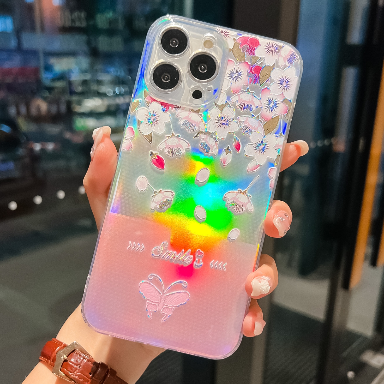 For iPhone 14 Plus Laser Paper + Butterfly Pattern TPU Shockproof Protective Case Max(Peach Blossoms)