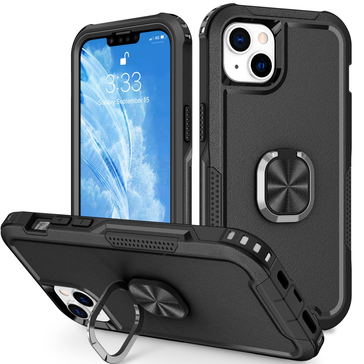 For iPhone 14 Plus 3 in 1 Ring Holder Phone Case (Black) For iPhone 14 Plus 3 in 1 Ring Holder Phone Case (Black)