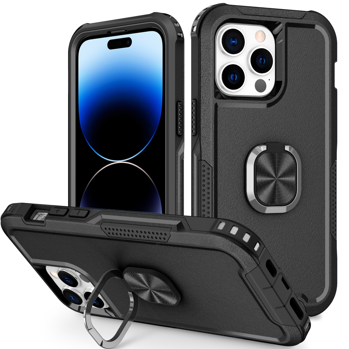 For iPhone 14 Pro 3 in 1 Ring Holder Phone Case(Black) For iPhone 14 Pro 3 in 1 Ring Holder Phone Case(Black)
