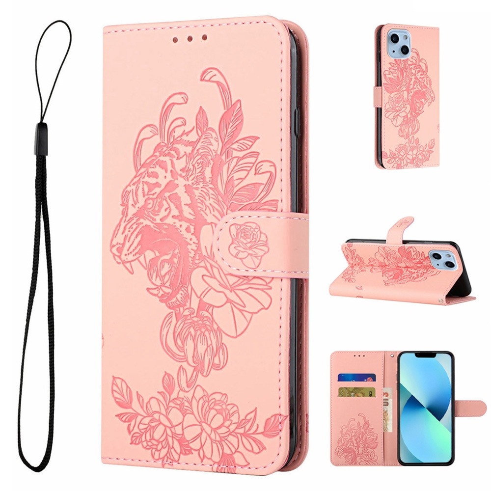 For iPhone 14 Tiger Flower Embossing Leather Phone Case (Pink) For iPhone 14 Tiger Flower Embossing Leather Phone Case (Pink)