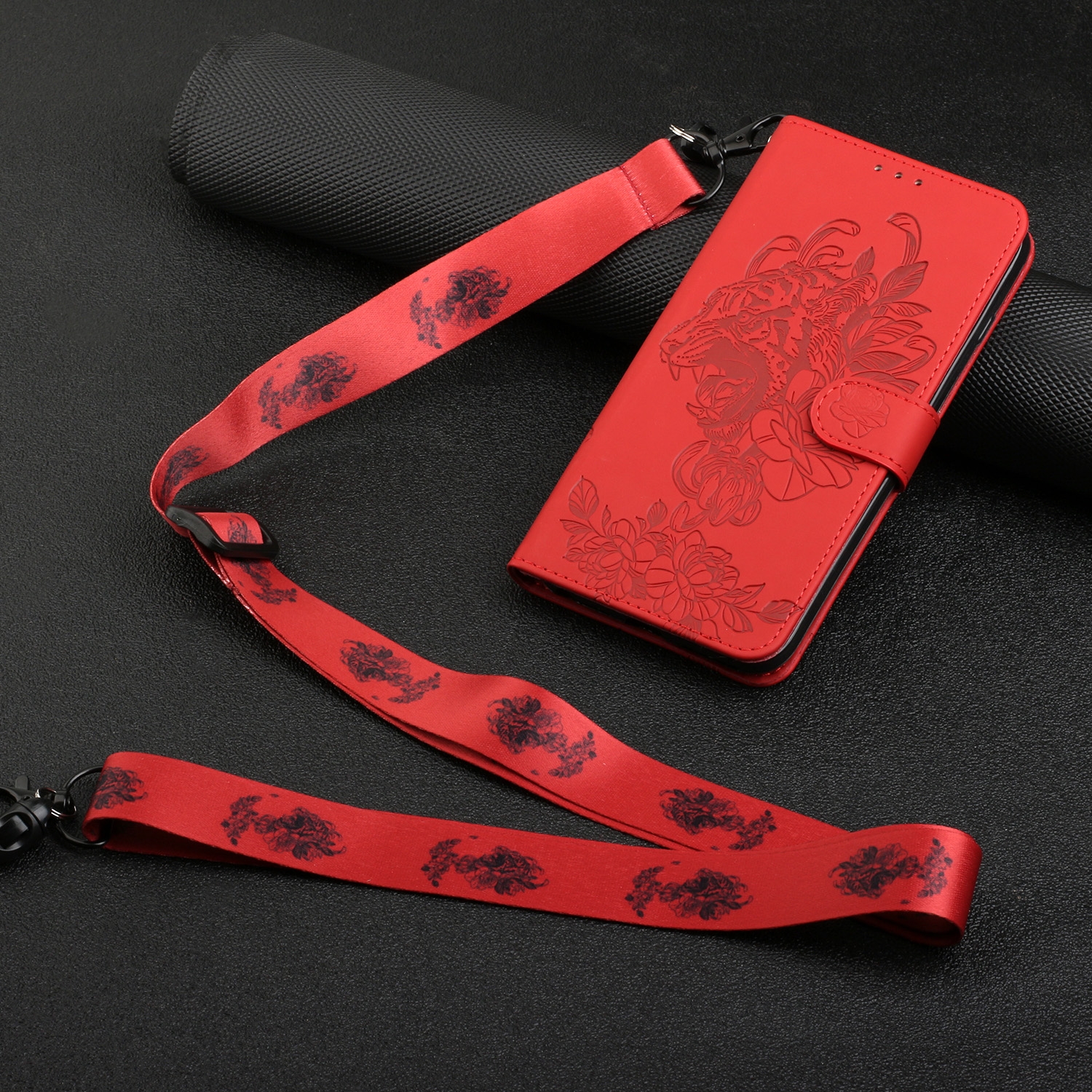 For iPhone 14 Tiger Flower Embossing Lanyard Leather Phone Case (Red) For iPhone 14 Tiger Flower Embossing Lanyard Leather Phone Case (Red)