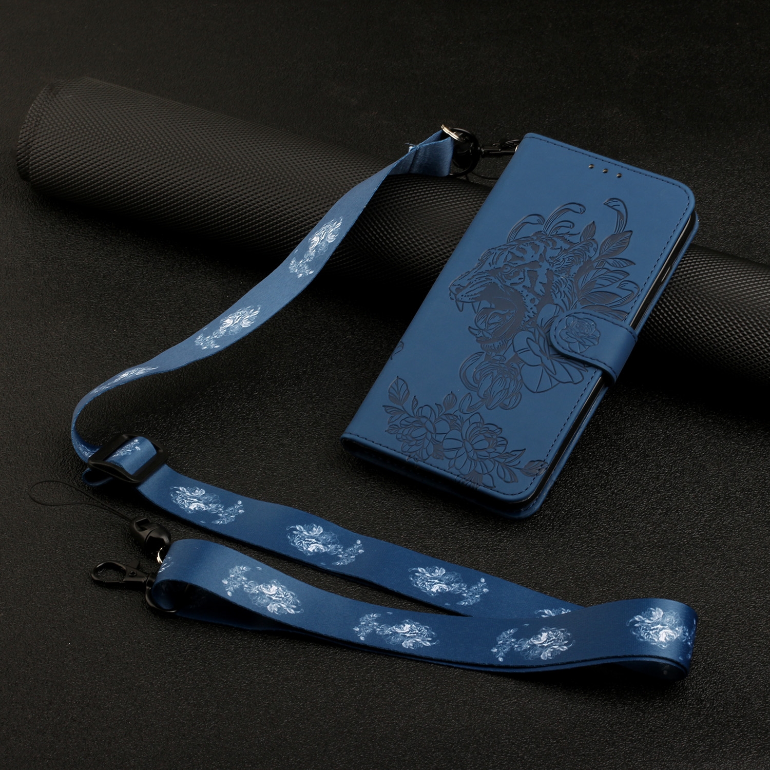 For iPhone 14 Pro Tiger Flower Embossing Lanyard Leather Phone Case(Royal Blue) For iPhone 14 Pro Tiger Flower Embossing Lanyard Leather Phone Case(Royal Blue)