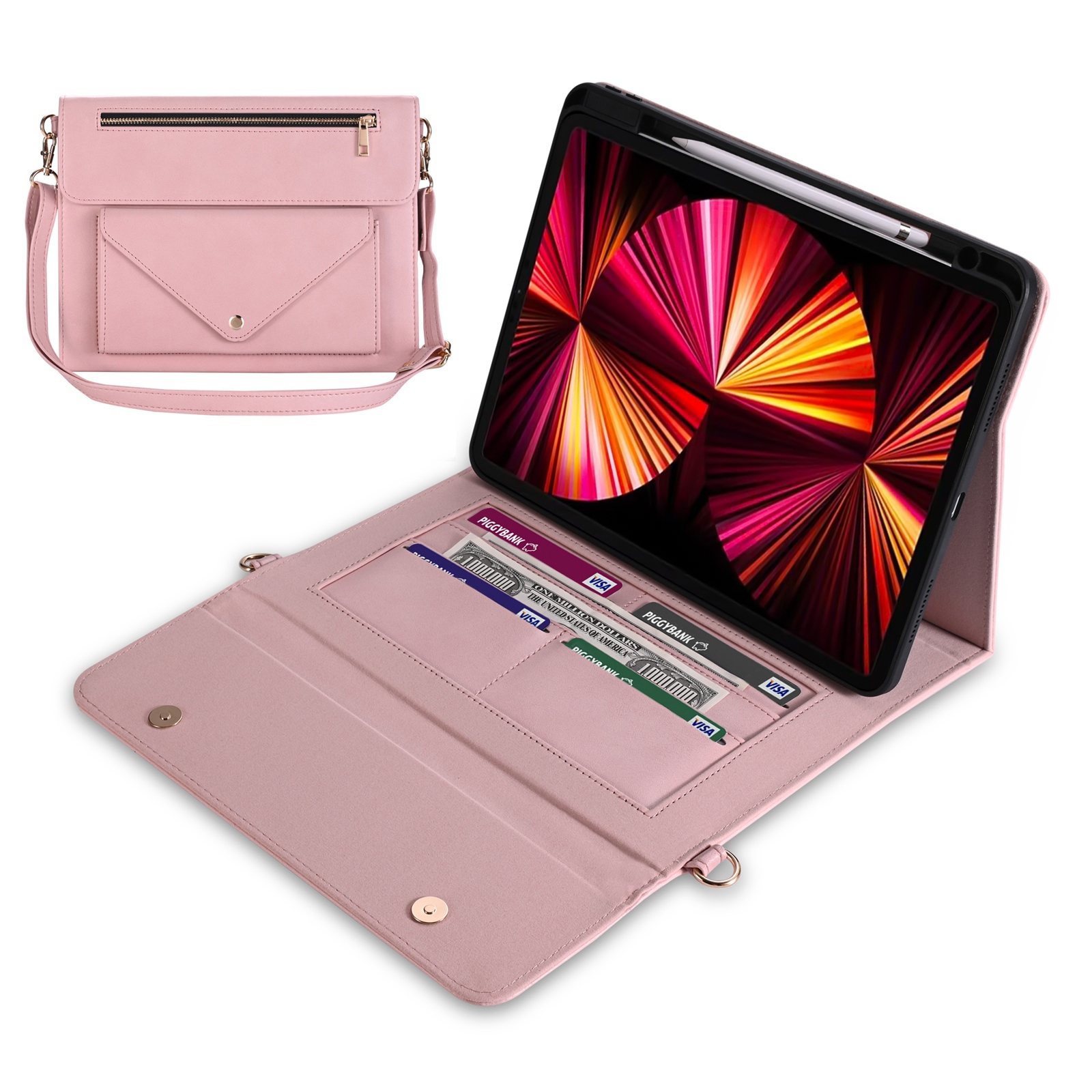 For iPad mini 6 3-fold Zipper Leather Tablet Case Crossbody Pocket Bag(Pink) For iPad mini 6 3-fold Zipper Leather Tablet Case Crossbody Pocket Bag(Pink)