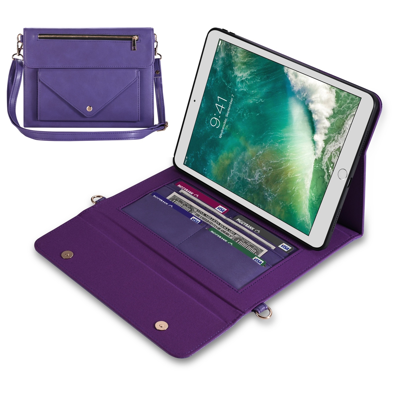 3-fold Zipper Leather Tablet Case Crossbody Pocket Bag For iPad 9.7 2018 & iPad 9.7 2017 & Air 2 & Air(Purple) 3-fold Zipper Leather Tablet Case Crossbody Pocket Bag For iPad 9.7 2018 & iPad 9.7 2017 & Air 2 & Air(Purple)