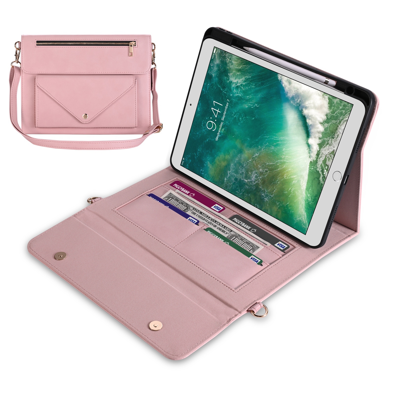 3-fold Zipper Leather Tablet Case Crossbody Pocket Bag For iPad 10.2 2019 / 2020 / 2021 / Air 2019 10.5(Pink)