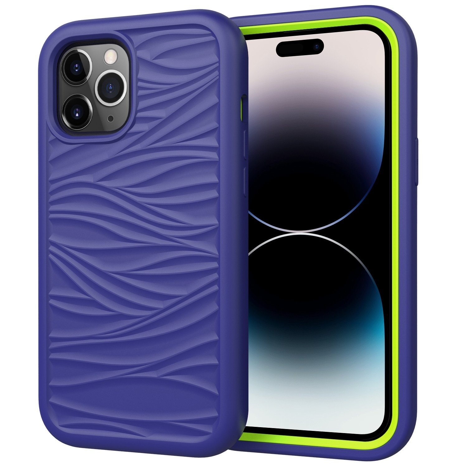 For iPhone 14 Pro Wave Pattern 3 in 1 Silicone + PC Shockproof Phone Case(Navy+Olivine) For iPhone 14 Pro Wave Pattern 3 in 1 Silicone + PC Shockproof Phone Case(Navy+Olivine)
