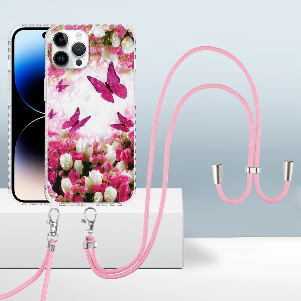 For iPhone 14 Pro 2.0mm Airbag Shockproof TPU Phone Case with Lanyard(Dancing Butterflies)