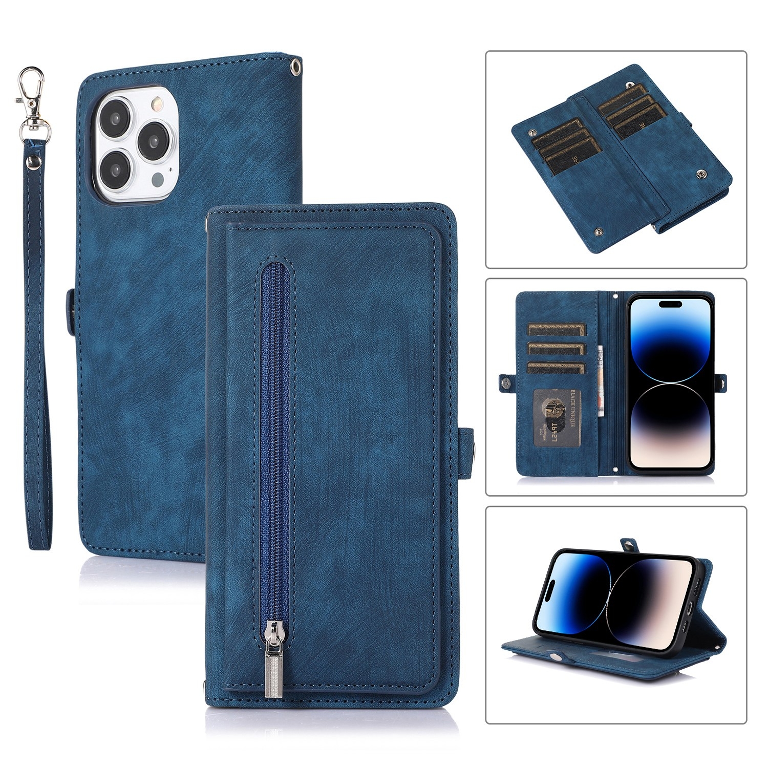 For iPhone 14 Pro Max Zipper Card Slot Buckle Wallet Leather Phone Case (Blue) For iPhone 14 Pro Max Zipper Card Slot Buckle Wallet Leather Phone Case (Blue)