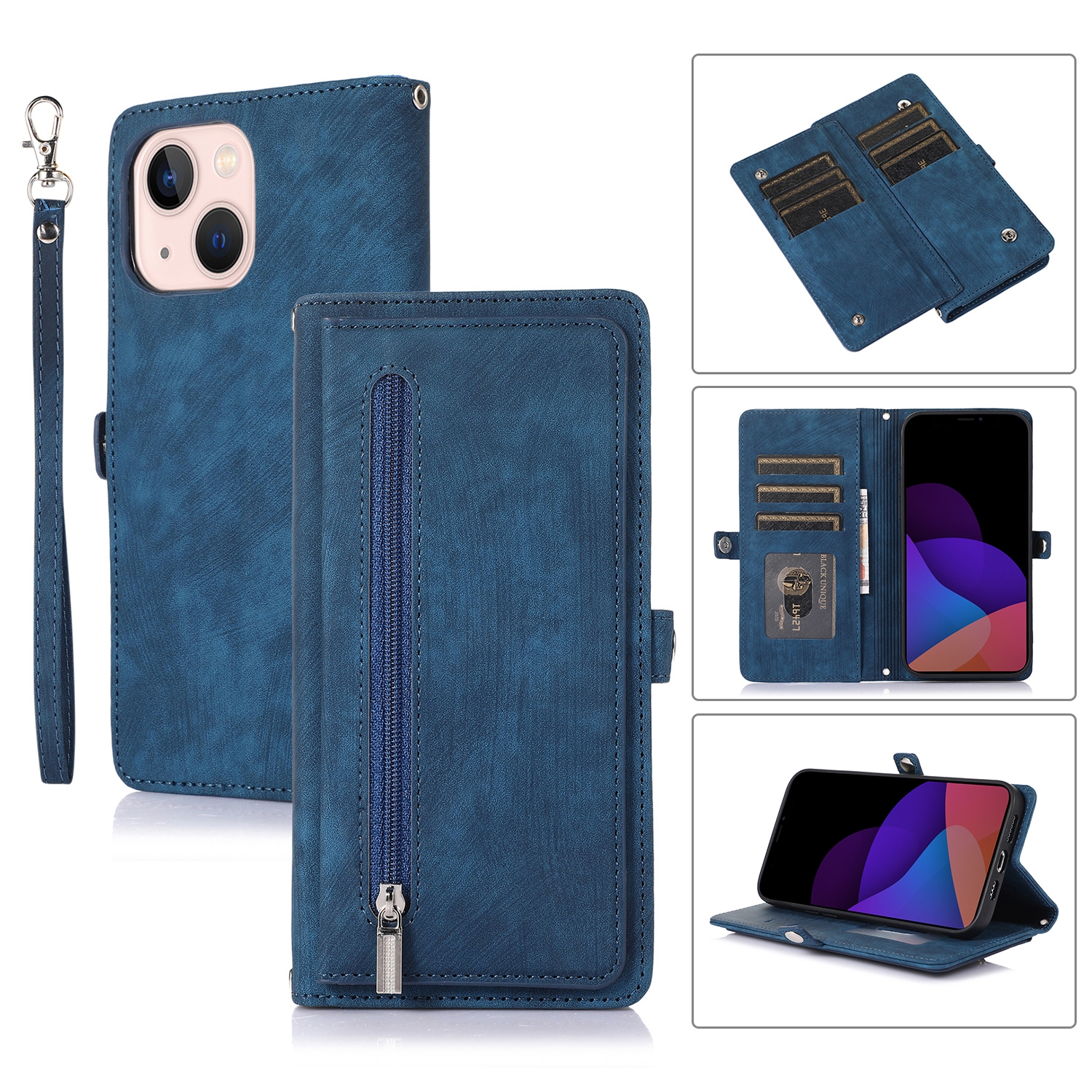 For iPhone 14 Zipper Card Slot Buckle Wallet Leather Phone Case (Blue) For iPhone 14 Zipper Card Slot Buckle Wallet Leather Phone Case (Blue)