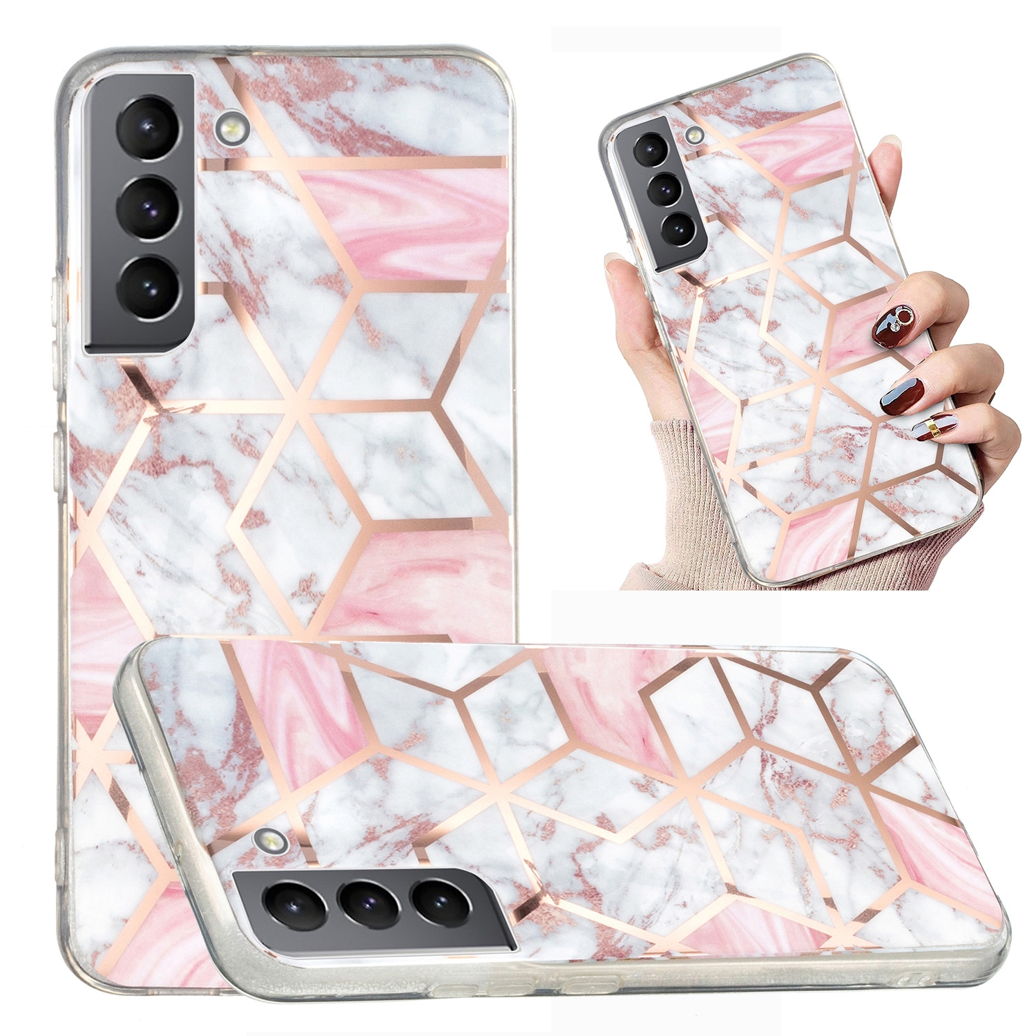For Samsung Galaxy S22 5G Electroplated Marble Pattern TPU Phone Case(White Gravel Pink)