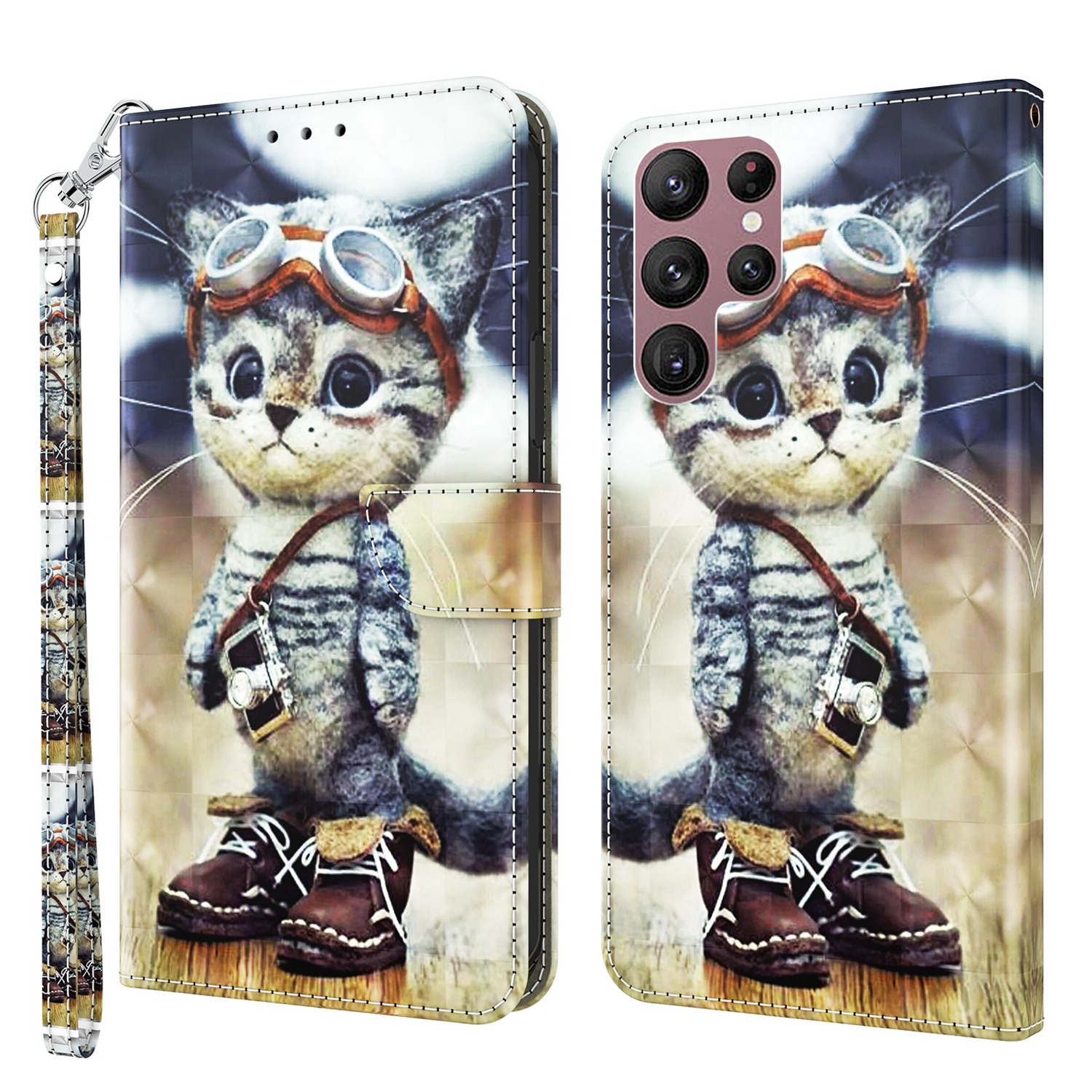 For Samsung Galaxy S22 Ultra 5G 3D Painted Leather Phone Case(Naughty Cat) For Samsung Galaxy S22 Ultra 5G 3D Painted Leather Phone Case(Naughty Cat)