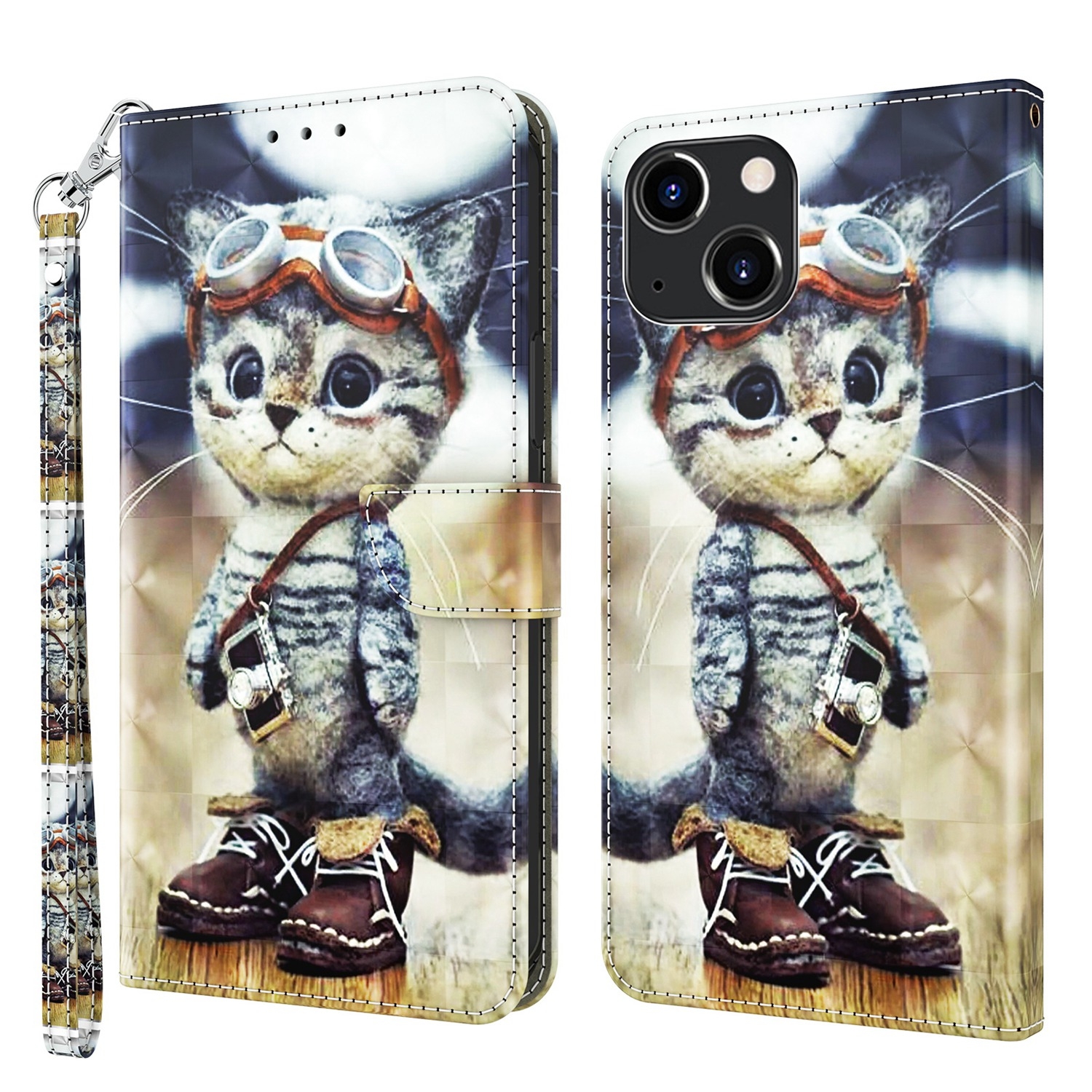For iPhone 13 mini 3D Painted Leather Phone Case (Naughty Cat) For iPhone 13 mini 3D Painted Leather Phone Case (Naughty Cat)