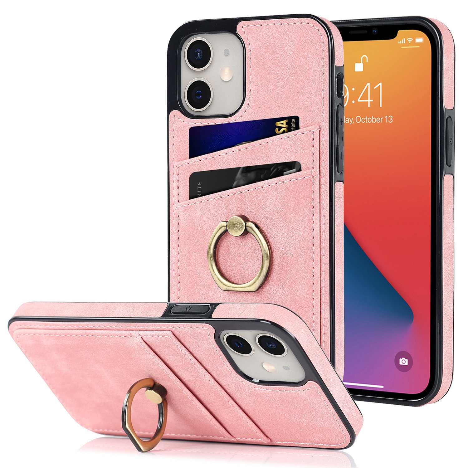For iPhone 12 mini Vintage Patch Leather Phone Case with Ring Holder (Pink) For iPhone 12 mini Vintage Patch Leather Phone Case with Ring Holder (Pink)