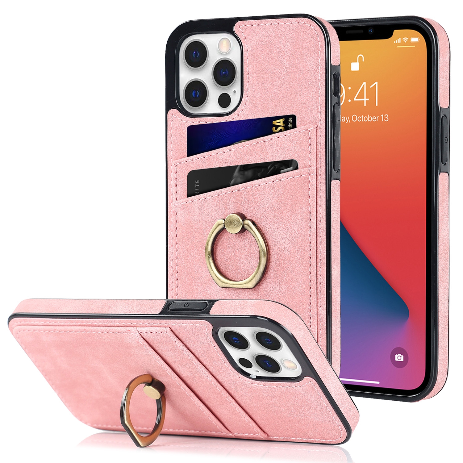 For iPhone 12 Vintage Patch Leather Phone Case with Ring Holder(Pink) For iPhone 12 Vintage Patch Leather Phone Case with Ring Holder(Pink)
