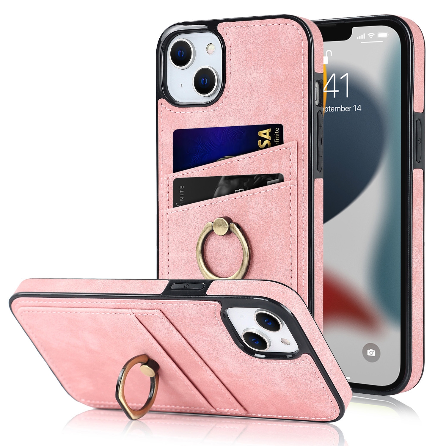 For iPhone 13 mini Vintage Patch Leather Phone Case with Ring Holder (Pink) For iPhone 13 mini Vintage Patch Leather Phone Case with Ring Holder (Pink)