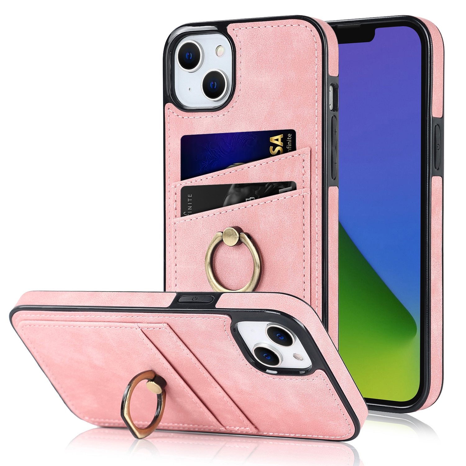 For iPhone 14 Vintage Patch Leather Phone Case with Ring Holder (Pink) For iPhone 14 Vintage Patch Leather Phone Case with Ring Holder (Pink)