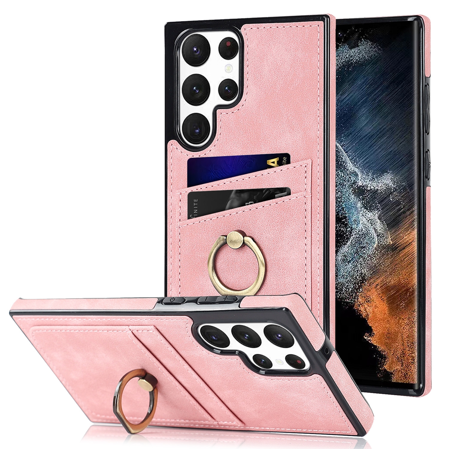 For Samsung Galaxy S22 Ultra 5G Vintage Patch Leather Phone Case with Ring Holder(Pink) For Samsung Galaxy S22 Ultra 5G Vintage Patch Leather Phone Case with Ring Holder(Pink)