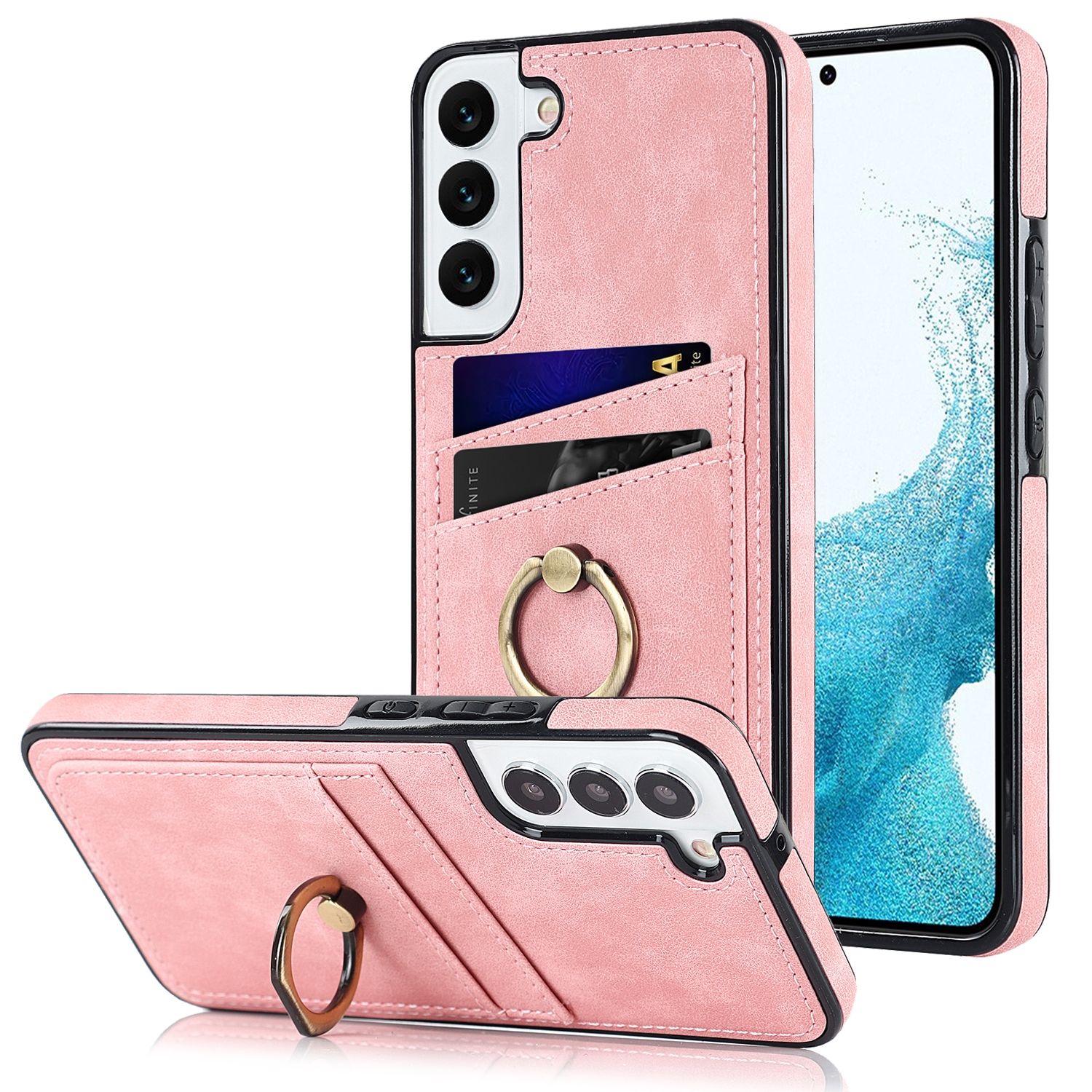 For Samsung Galaxy S22 5G Vintage Patch Leather Phone Case with Ring Holder(Pink) For Samsung Galaxy S22 5G Vintage Patch Leather Phone Case with Ring Holder(Pink)