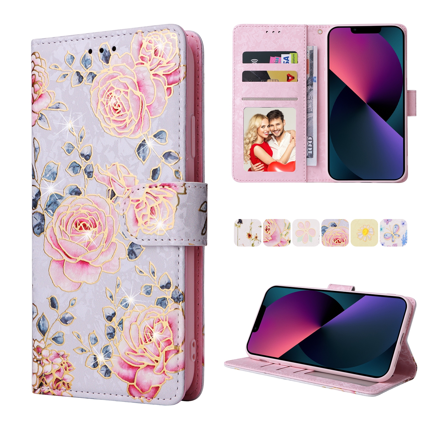 For iPhone 13 mini Bronzing Painting RFID Leather Case (Pastoral Rose)