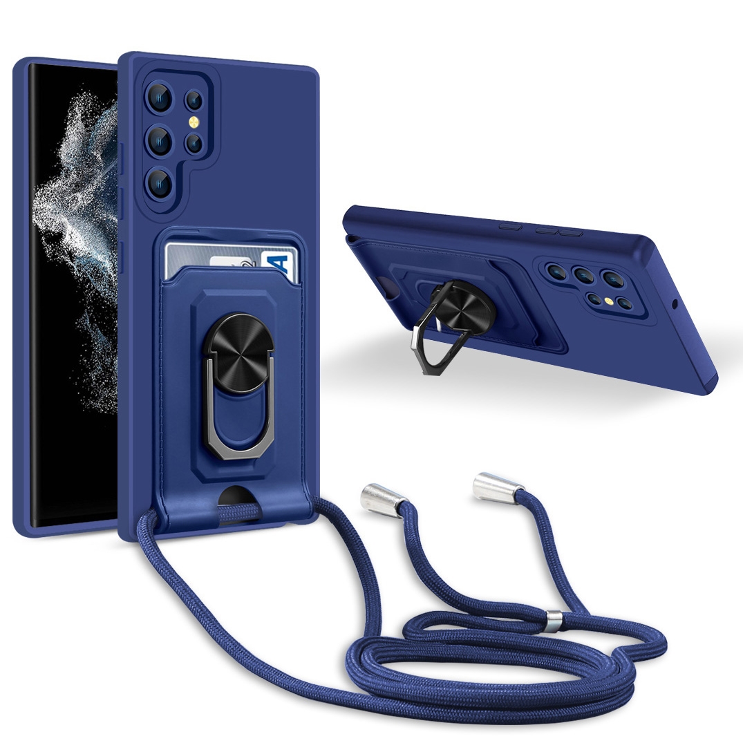 For Samsung Galaxy S22 Ultra 5G Ring Kickstand Card Wallet TPU Phone Case with Lanyard(Blue) For Samsung Galaxy S22 Ultra 5G Ring Kickstand Card Wallet TPU Phone Case with Lanyard(Blue)