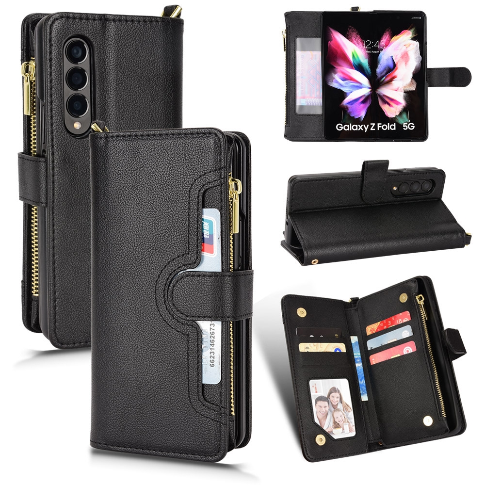 For Samsung Galaxy Z Fold4 5G Litchi Texture Zipper Leather Phone Case(Black)
