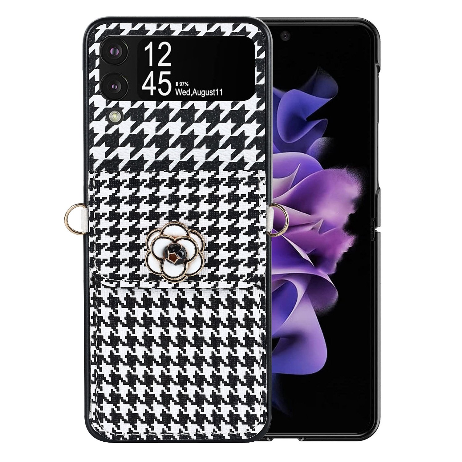 For Samsung Galaxy Z Flip4 5G Houndstooth Texture Camellia Card Holder Folding Phone Case For Samsung Galaxy Z Flip4 5G Houndstooth Texture Camellia Card Holder Folding Phone Case