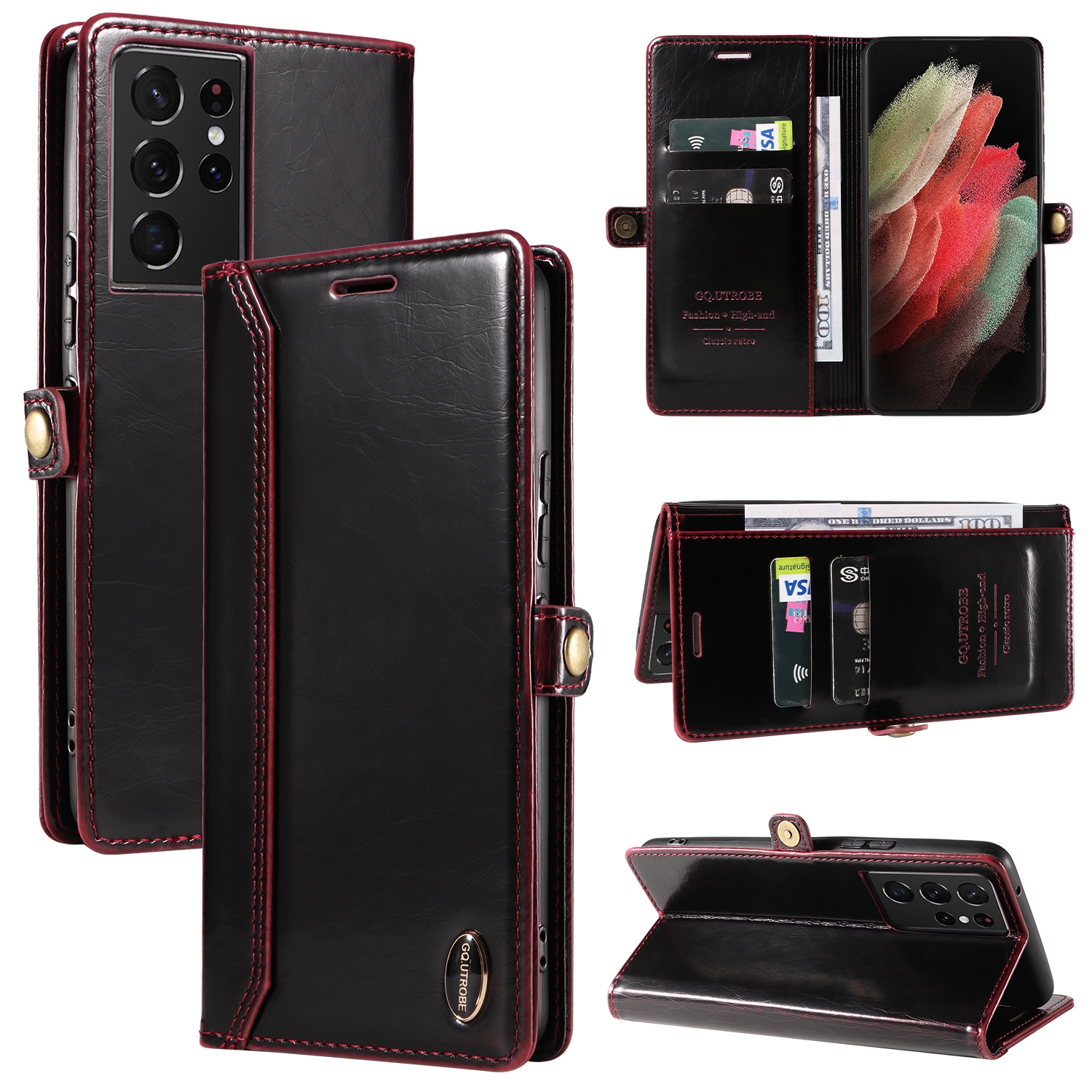 For Samsung Galaxy S21 Ultra 5G GQUTROBE RFID Blocking Oil Wax Leather Phone Case(Red) For Samsung Galaxy S21 Ultra 5G GQUTROBE RFID Blocking Oil Wax Leather Phone Case(Red)