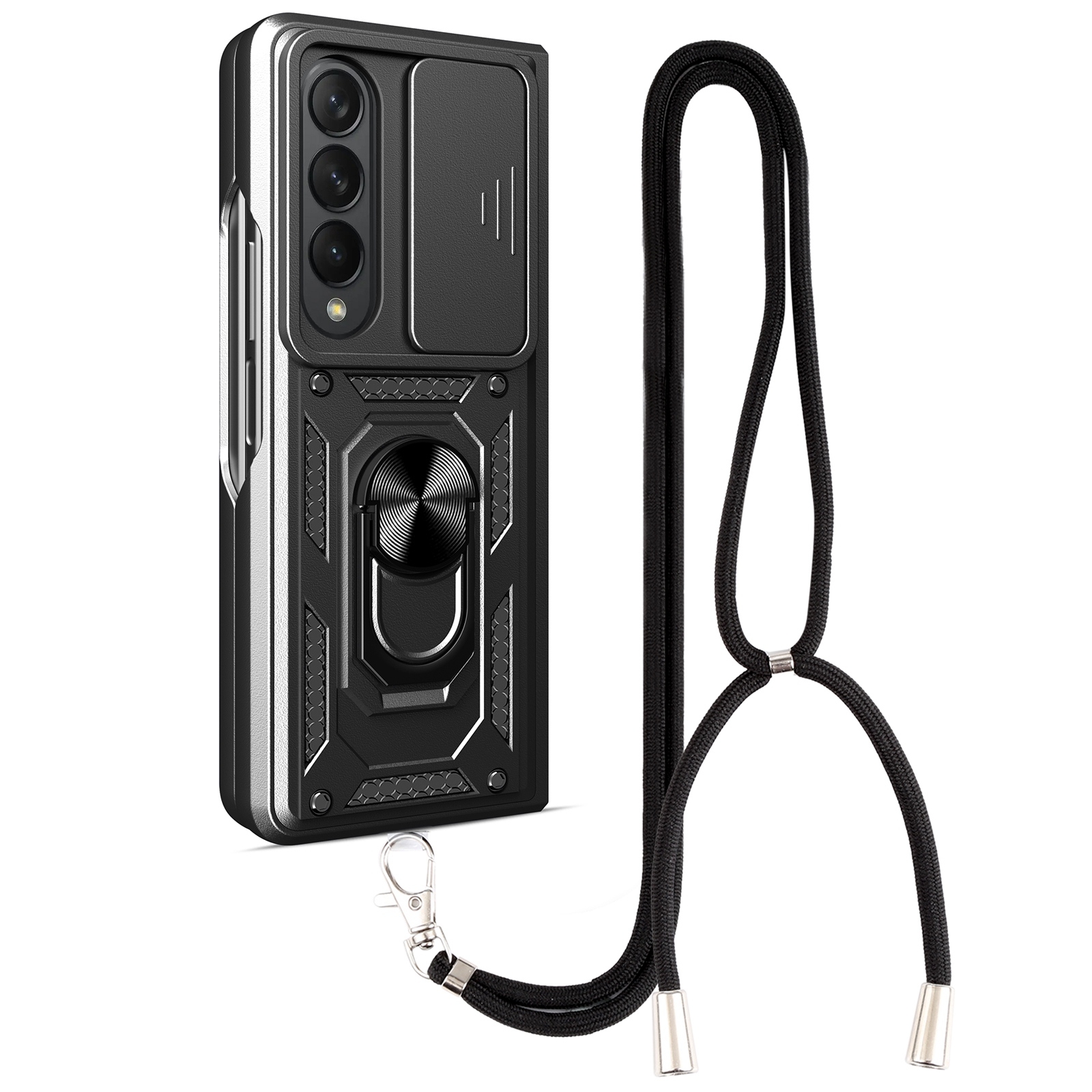 For Samsung Galaxy Z Fold4 Lanyard Slide Camshield Ring Phone Case(Black) For Samsung Galaxy Z Fold4 Lanyard Slide Camshield Ring Phone Case(Black)