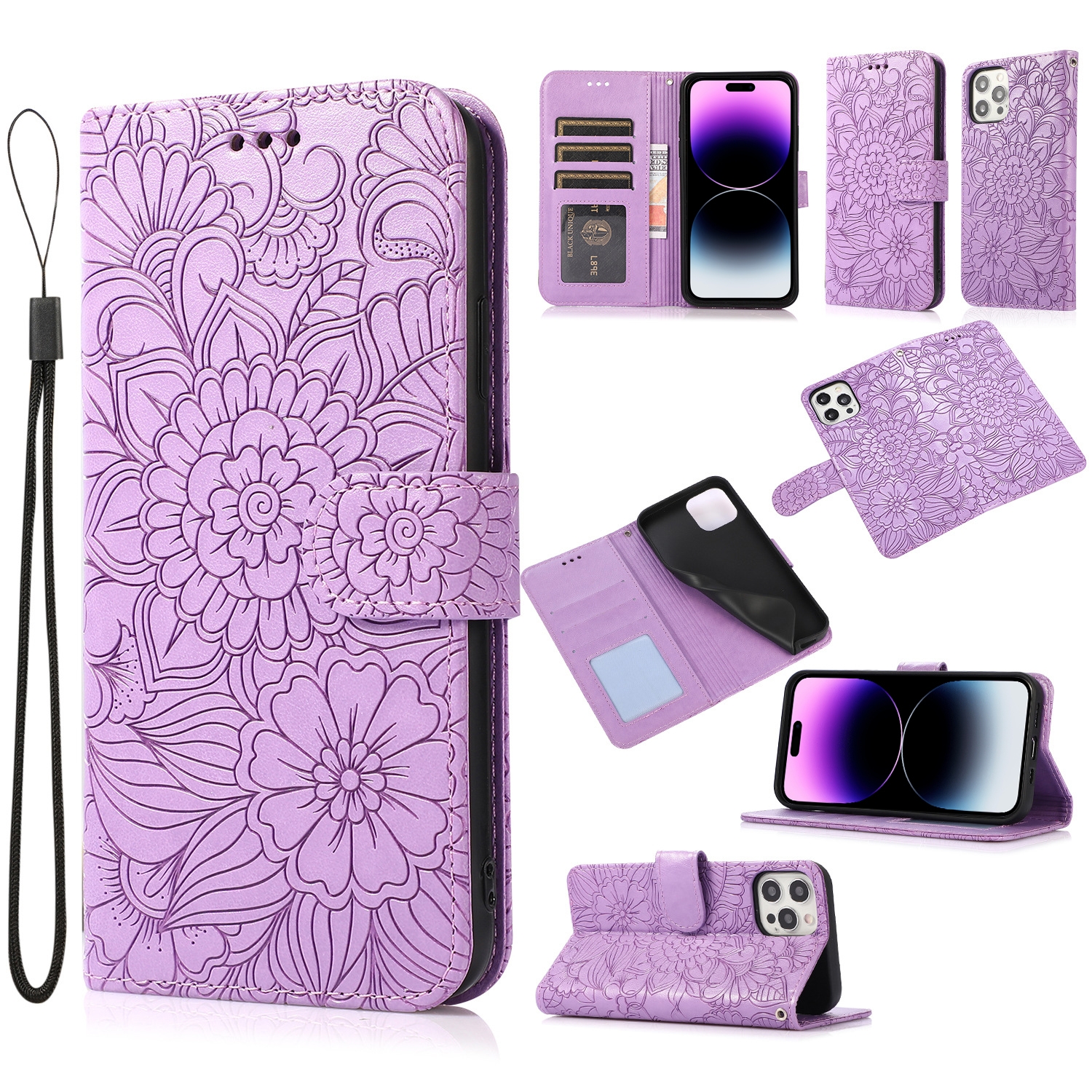 For iPhone 14 Pro Skin Feel Embossed Sunflower Horizontal Leather Case(Purple) For iPhone 14 Pro Skin Feel Embossed Sunflower Horizontal Leather Case(Purple)