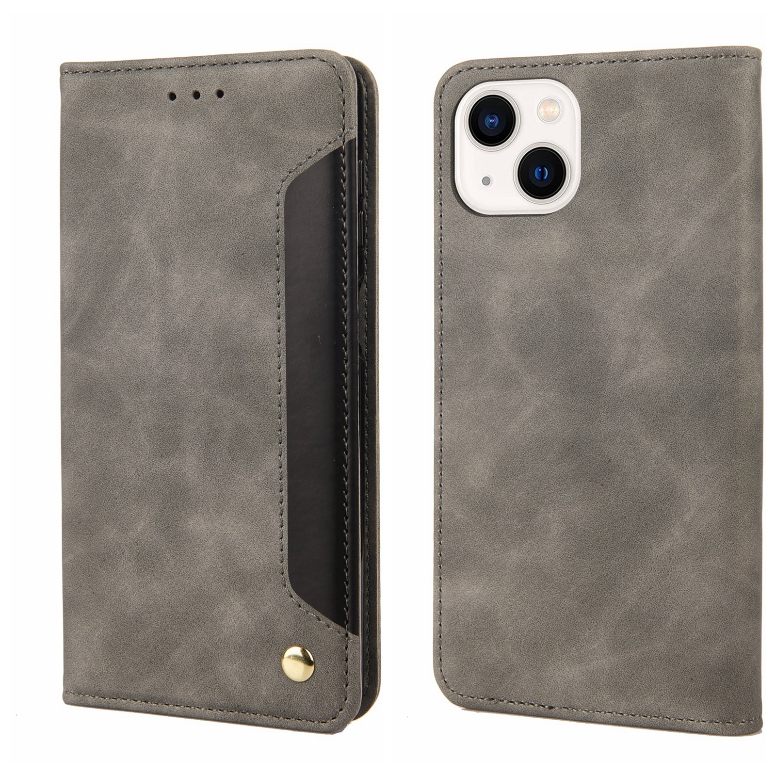 For iPhone 14 Skin Feel Splicing Leather Phone Case (Grey) For iPhone 14 Skin Feel Splicing Leather Phone Case (Grey)
