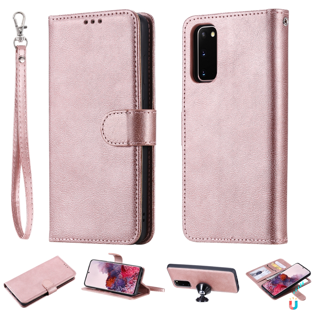 For Galaxy S20 2 in 1 Solid Color Detachable PU Leather Case with Card Slots & Magnetic Holder & Photo Frame & Wallet & Strap(Rose Gold) For Galaxy S20 2 in 1 Solid Color Detachable PU Leather Case with Card Slots & Magnetic Holder & Photo Frame & Wallet & Strap(Rose Gold)