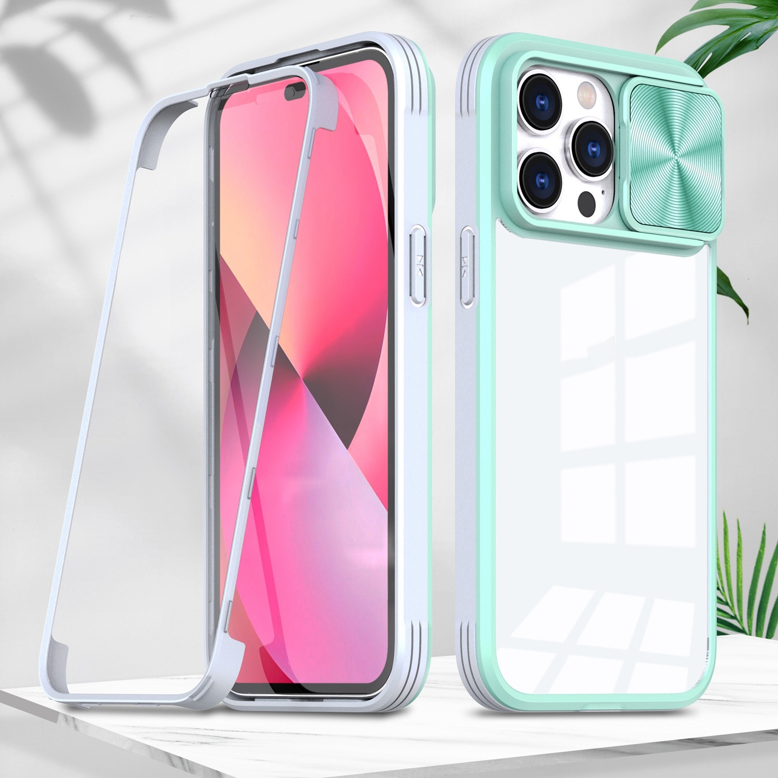 For iPhone 14 Pro 360 Full Body Sliding Camshield Phone Case(Green Grey) For iPhone 14 Pro 360 Full Body Sliding Camshield Phone Case(Green Grey)
