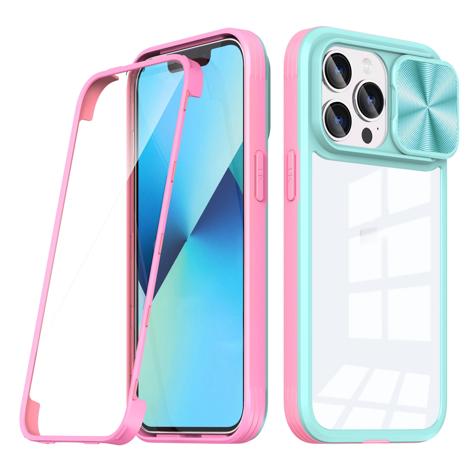 For iPhone 13 Pro 360 Full Body Sliding Camshield Phone Case (Baby Blue Pink) For iPhone 13 Pro 360 Full Body Sliding Camshield Phone Case (Baby Blue Pink)