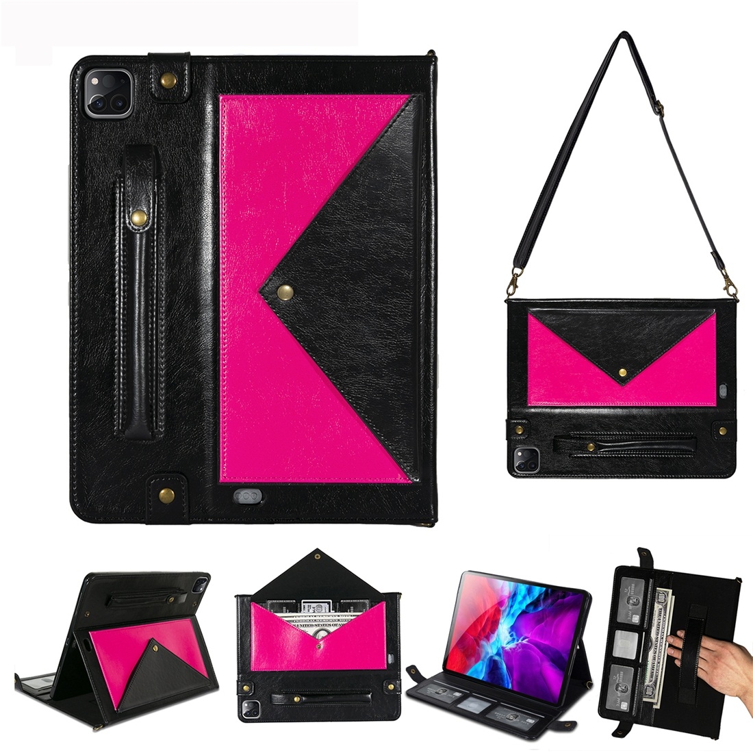 For iPad Pro 12.9 2021 / 2020 Envelope Color Matching Horizontal Flip PU Leather Tablet Case with Card Slots & Pen Slots & Holder & Wallet & Photo Frame & Shoulder Strap(Black + Rose Red) For iPad Pro 12.9 2021 / 2020 Envelope Color Matching Horizontal Flip PU Leather Tablet Case with Card Slots & Pen Slots & Holder & Wallet & Photo Frame & Shoulder Strap(Black + Rose Red)