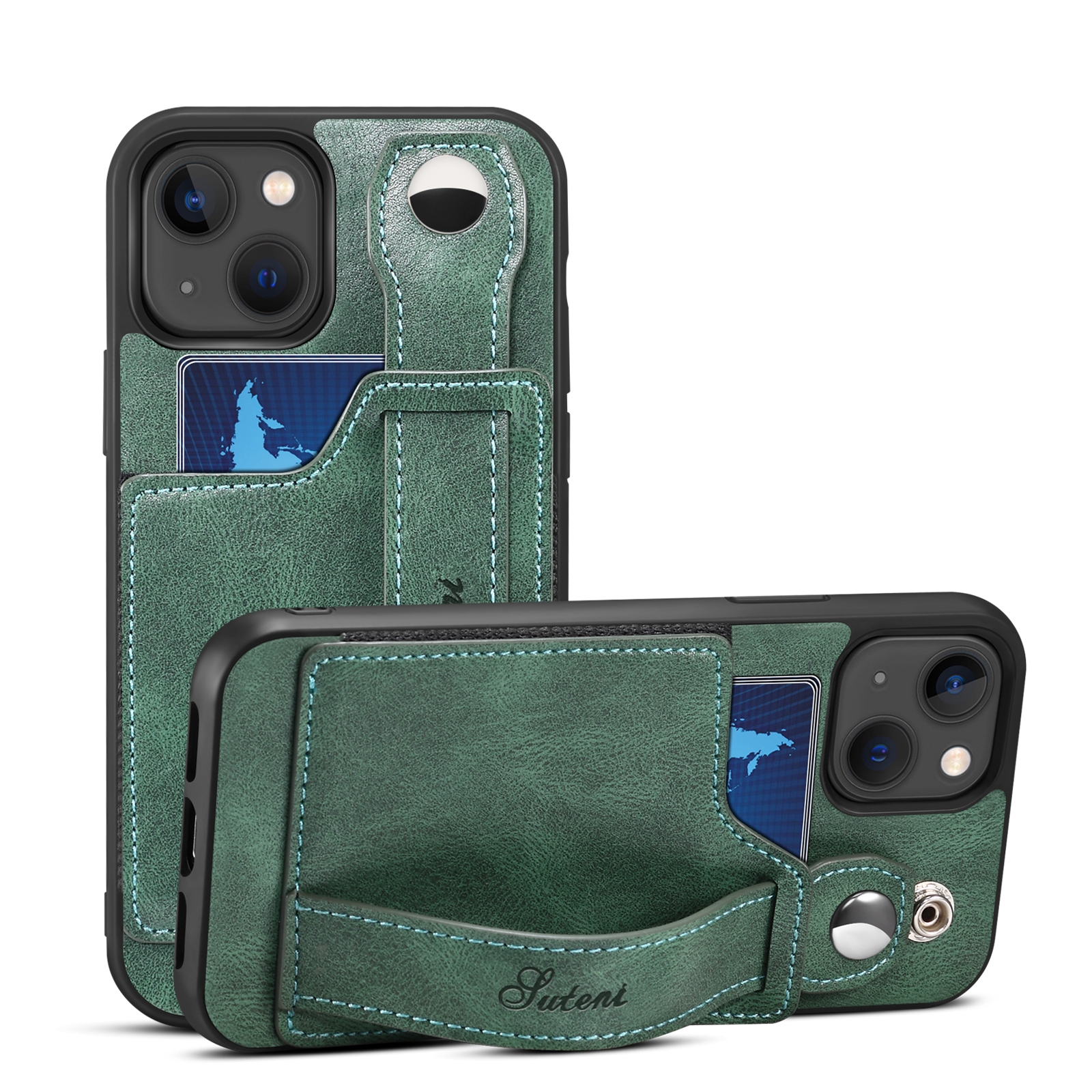 For iPhone 14 Suteni 215 Wrist Strap PU Phone Case(Green) For iPhone 14 Suteni 215 Wrist Strap PU Phone Case(Green)
