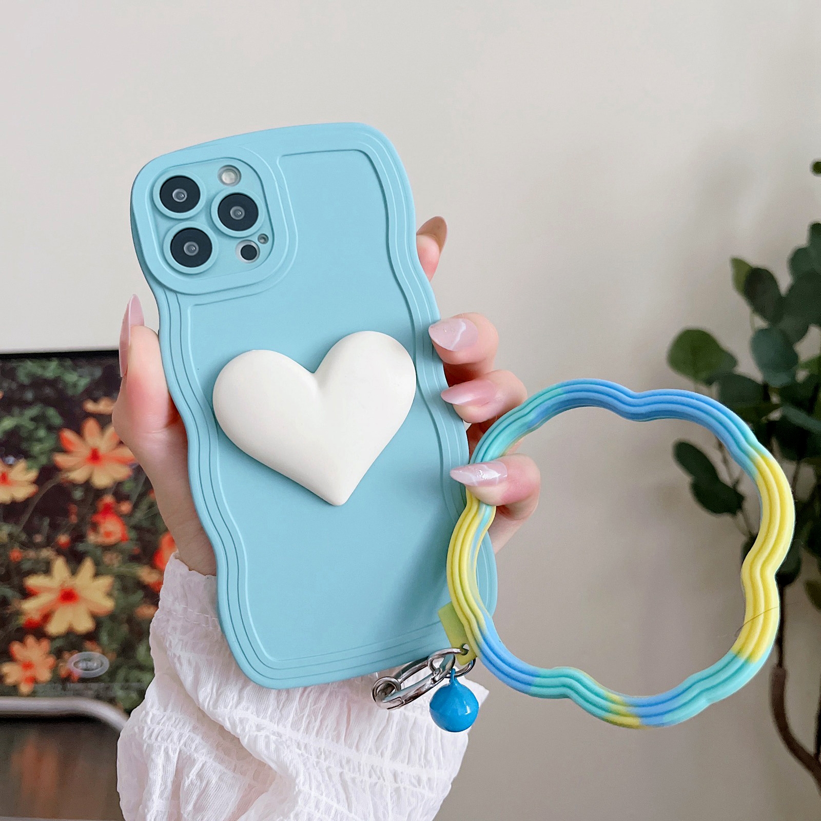 For iPhone 14 Pro Wave Edge Heart Silicone Phone Case with Wristband(Blue) For iPhone 14 Pro Wave Edge Heart Silicone Phone Case with Wristband(Blue)