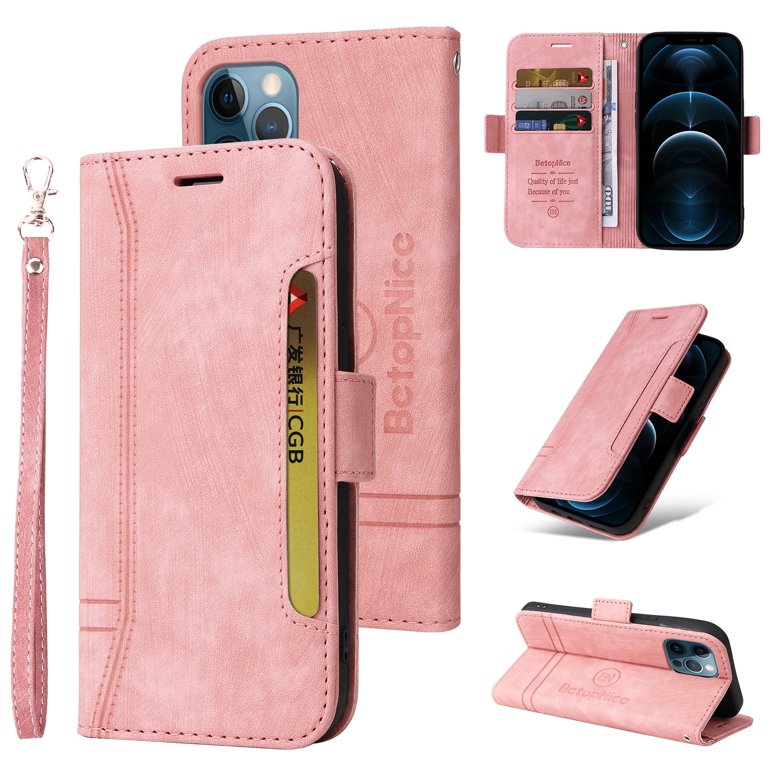 For iPhone 12 / 12 Pro BETOPNICE Dual-side Buckle Leather Phone Case(Pink) For iPhone 12 / 12 Pro BETOPNICE Dual-side Buckle Leather Phone Case(Pink)