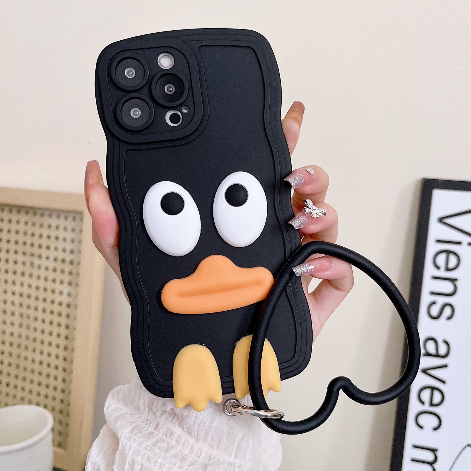 For iPhone 14 Wave Edge Big Duck Silicone Phone Case with Wristband(Black) For iPhone 14 Wave Edge Big Duck Silicone Phone Case with Wristband(Black)