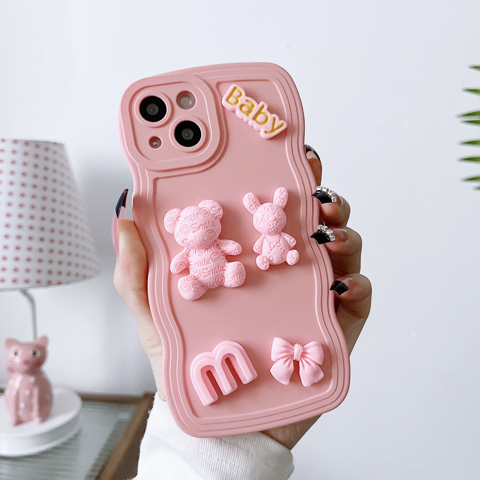 For iPhone 12 Wave Edge 3D M Bear Bunny Silicone Phone Case(Pink) For iPhone 12 Wave Edge 3D M Bear Bunny Silicone Phone Case(Pink)
