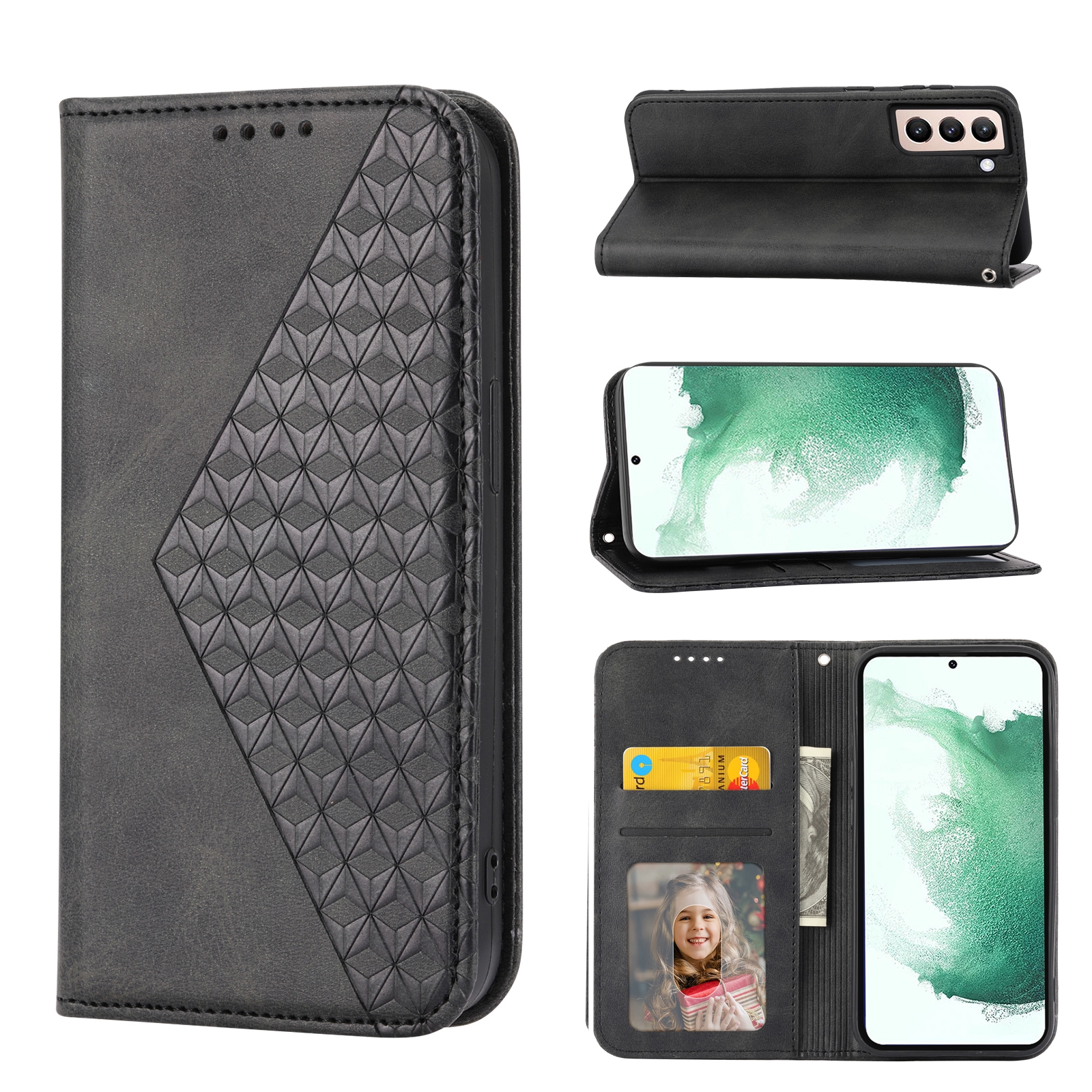 For Samsung Galaxy S22+ 5G Cubic Grid Calf Texture Magnetic Closure Leather Phone Case(Black) For Samsung Galaxy S22+ 5G Cubic Grid Calf Texture Magnetic Closure Leather Phone Case(Black)