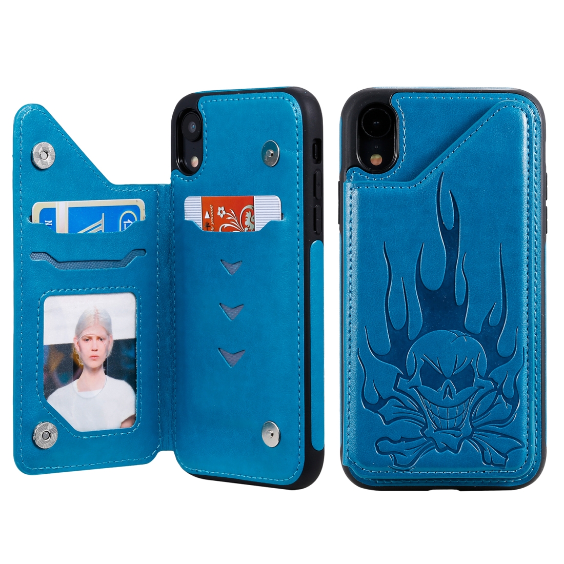 For iPhone XR Skull Head Embossing Pattern Shockproof Protective Case with Holder & Card Slots & Wallet(Blue) For iPhone XR Skull Head Embossing Pattern Shockproof Protective Case with Holder & Card Slots & Wallet(Blue)