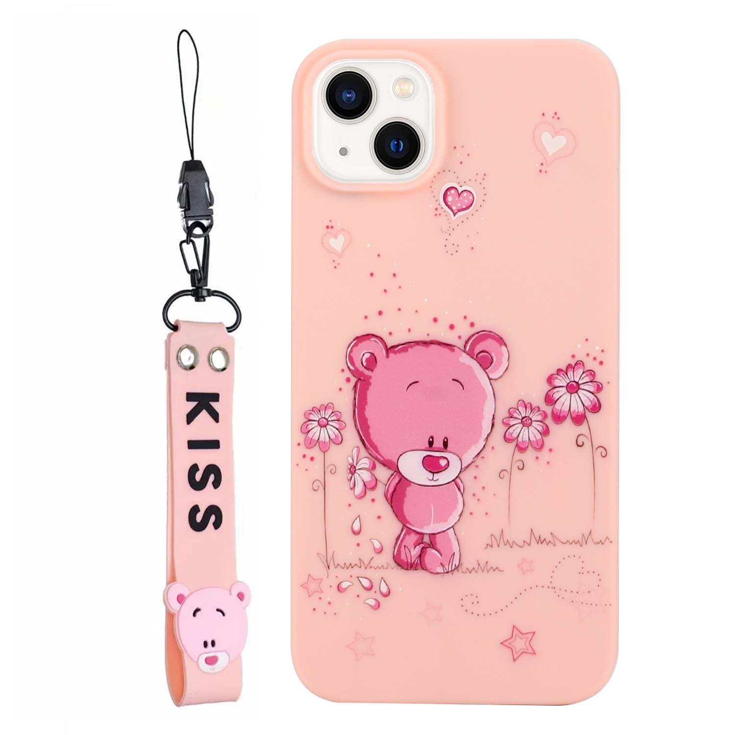 For iPhone 14 Silicone Painted Phone Case with Lanyard(Flower Bear) For iPhone 14 Silicone Painted Phone Case with Lanyard(Flower Bear)