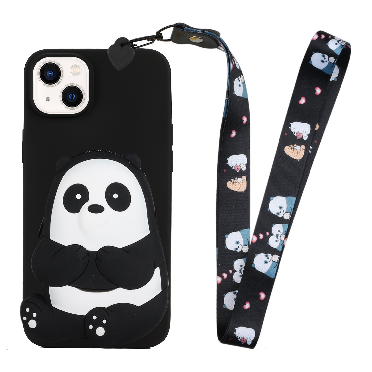 For iPhone 14 Silicone Wallet Phone Case with Lanyard(Black Striped Bear) For iPhone 14 Silicone Wallet Phone Case with Lanyard(Black Striped Bear)