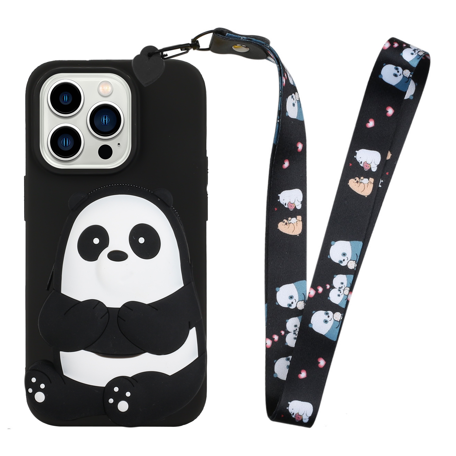 For iPhone 14 Pro Silicone Wallet Phone Case with Lanyard(Black Striped Bear) For iPhone 14 Pro Silicone Wallet Phone Case with Lanyard(Black Striped Bear)