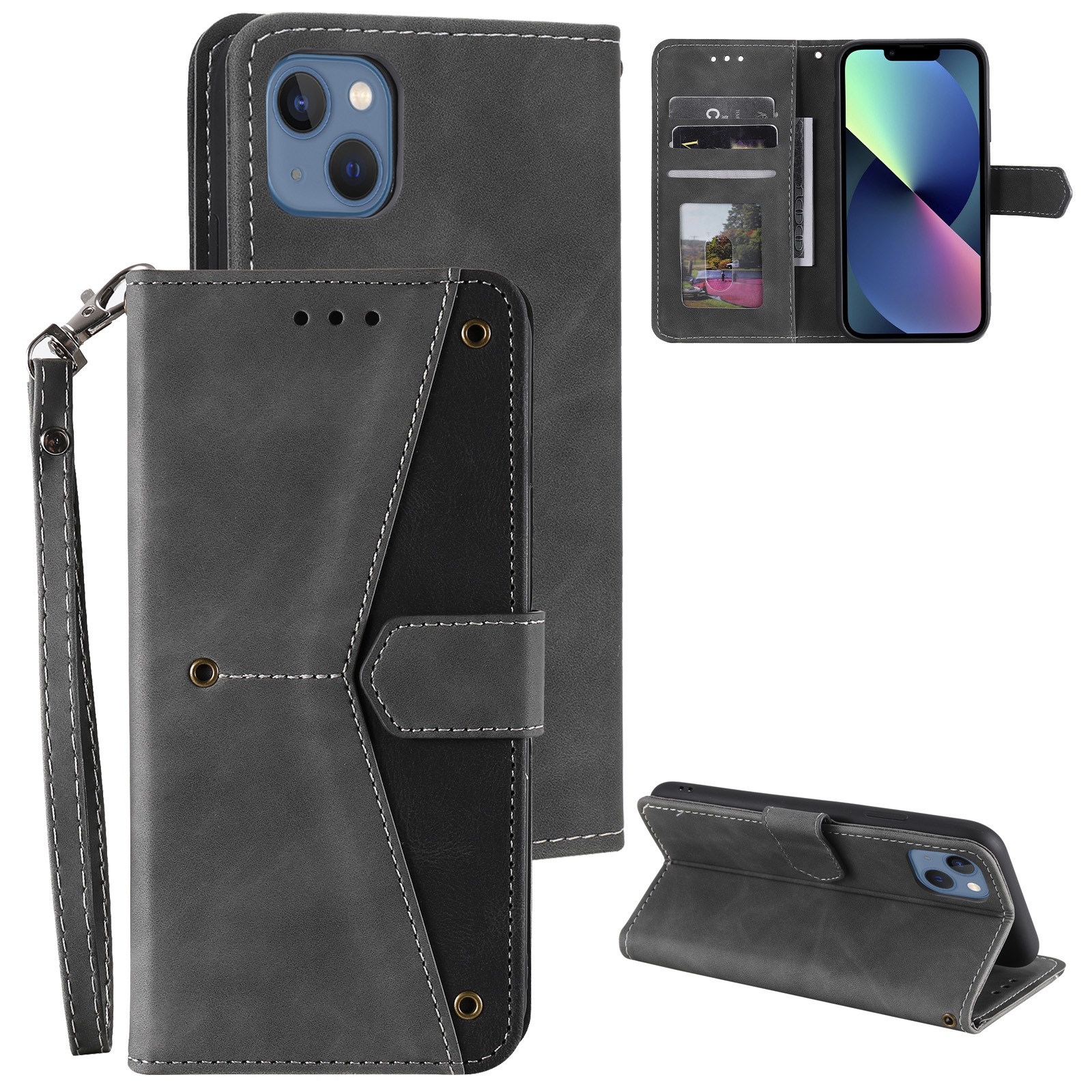 For iPhone 14 Plus Nail Skin Feel Stitching Calf Texture Leather Phone Case(Grey) For iPhone 14 Plus Nail Skin Feel Stitching Calf Texture Leather Phone Case(Grey)