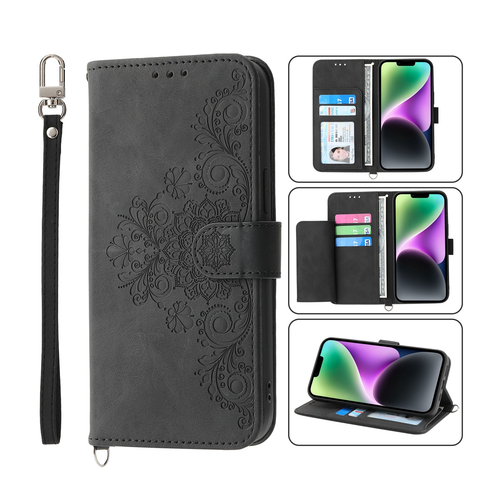 For iPhone 14 Skin-feel Flowers Embossed Wallet Leather Phone Case(Black) For iPhone 14 Skin-feel Flowers Embossed Wallet Leather Phone Case(Black)
